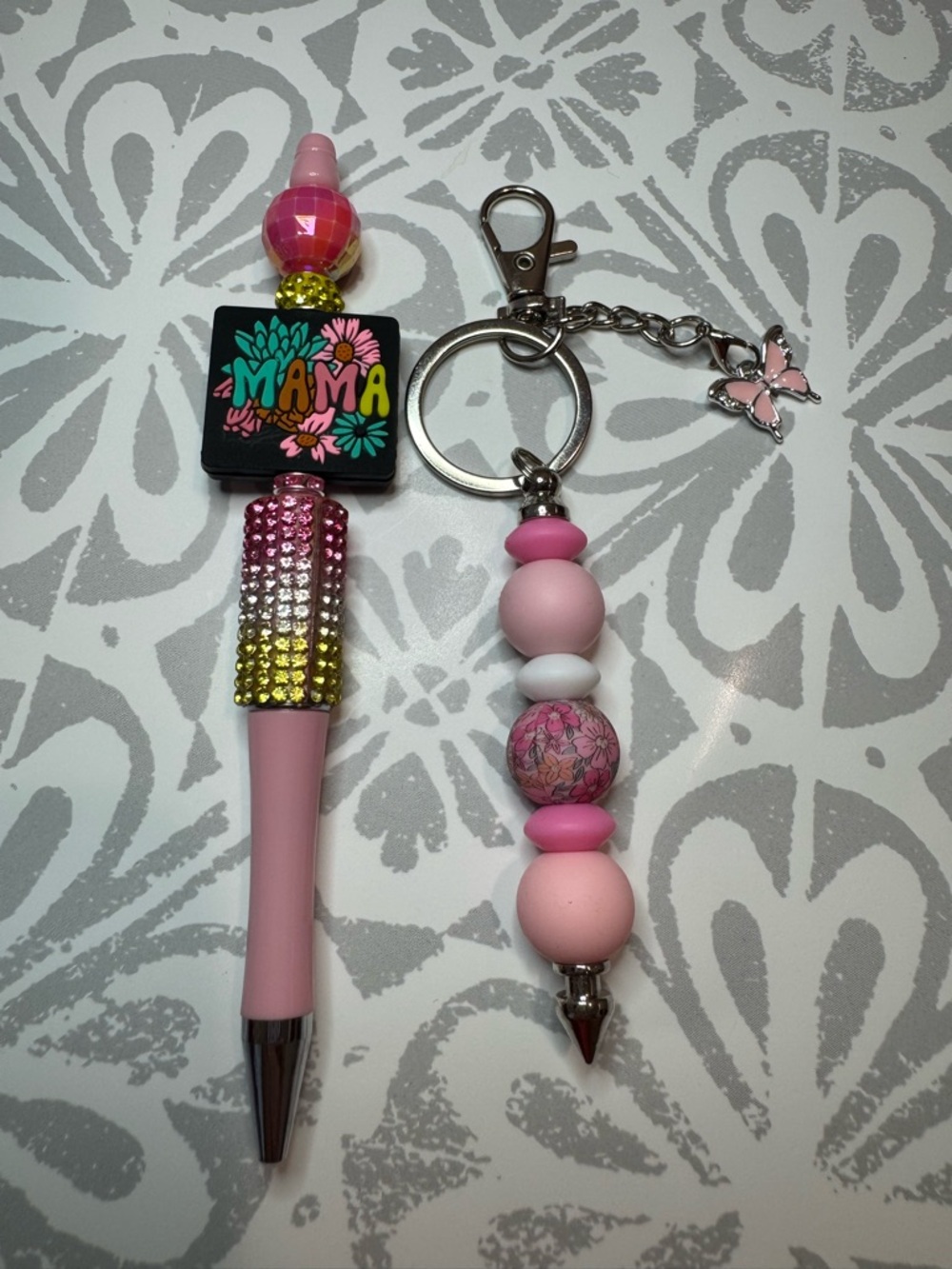 Pink Beaded Mama Keychain Pen with Butterfly Charm